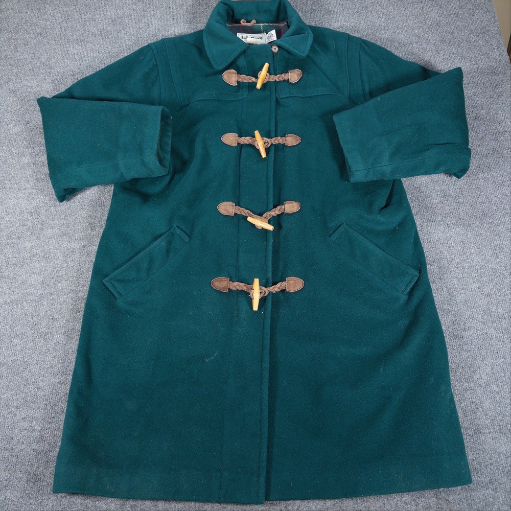 LL Bean Vintage Wool Duffle Coat Green Thinsulate Insulated Toggle USA Women L